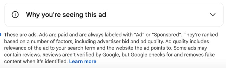 Google Shopping Tab Ad Disclaimer