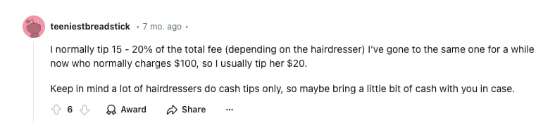 Redditor's account of how they tip hairdressers