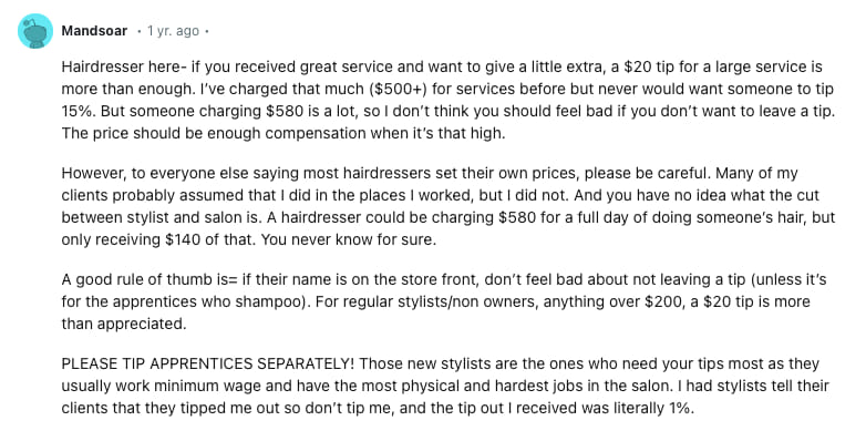 A hairdresser's account of tipping practices in the industry