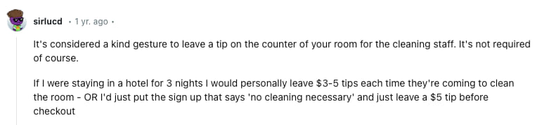 A redditor's account of how much they tip hotel staff