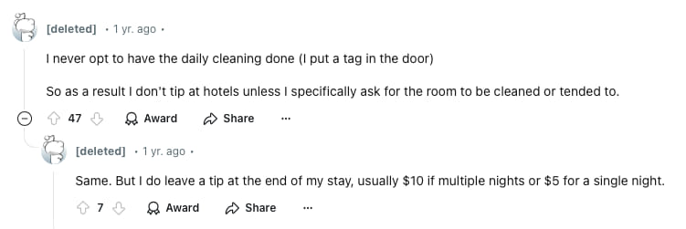 Two redditor's accounts of how they tip hotel staff