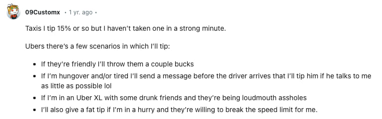 A redditor's account of how much they tip taxi drivers
