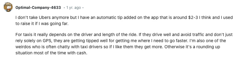 A redditor's account of how much they tip Uber drivers