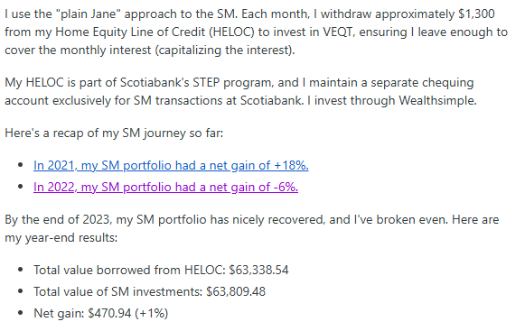 A reddit post detailing an example of using the Smith Maneuver