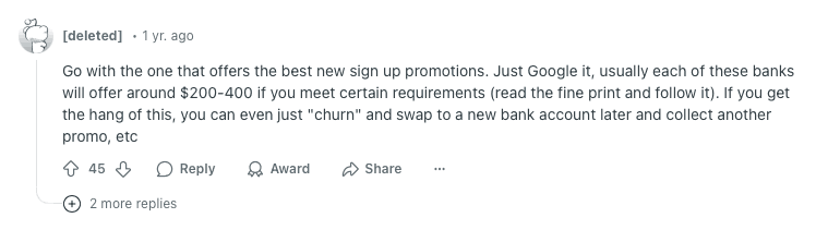 Reddit User Recommends Choosing A Bank With Great Welcome Bonus