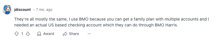 Reddit User Prefers BMO For USD Family Plan Accounts