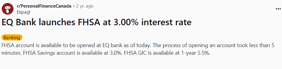Reddit Announcement Of EQ Bank FHSA Launch