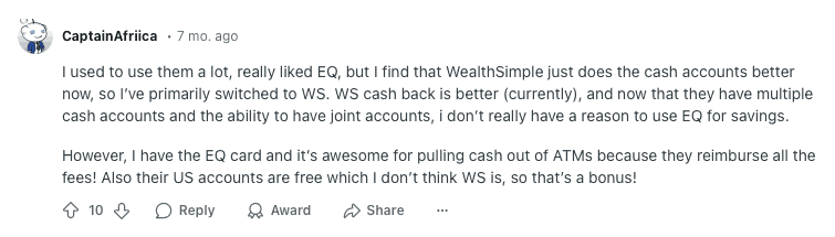 Reddit User Enjoys Both EQ And Wealthsimple