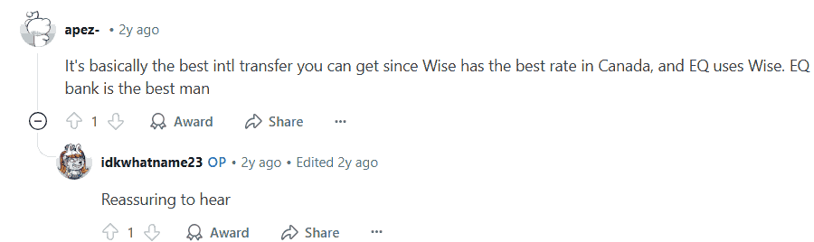 User Explains That EQ Bank Uses Wise For International Money Transfers