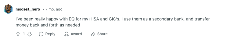 User Is Very Happy With EQ For HISA And GICs