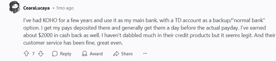 Reddit User Enjoys Koho And Earns Lots Of Cash Back