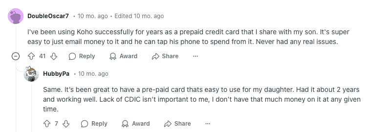 Reddit User Enjoys Koho Prepaid Card
