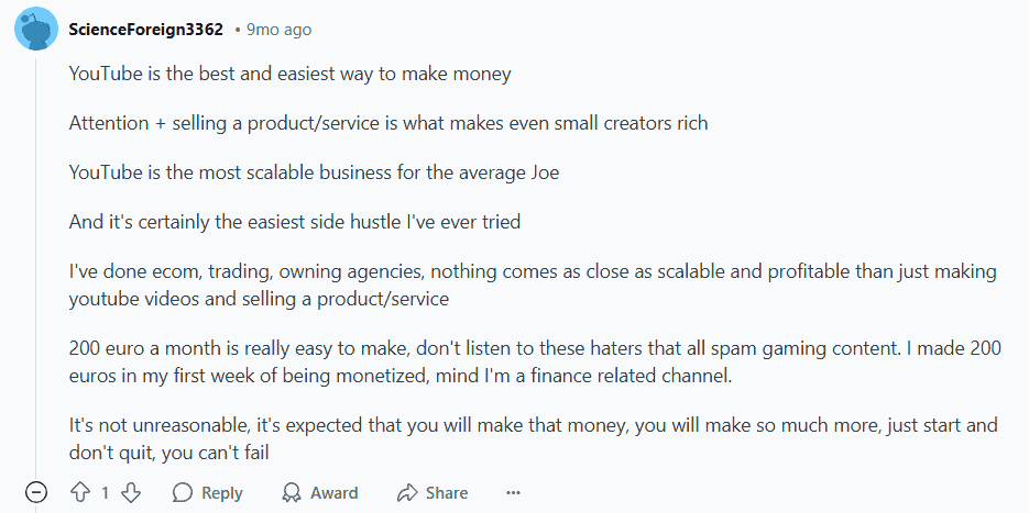 Reddit User Makes Money With YouTube Content