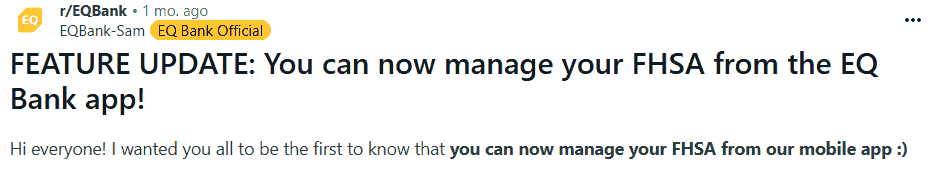 EQ Bank Announcement About Managing FHSAs Via The App