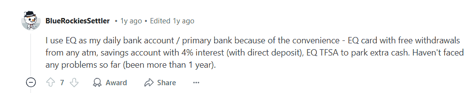 User Explains Why They Like EQ Bank