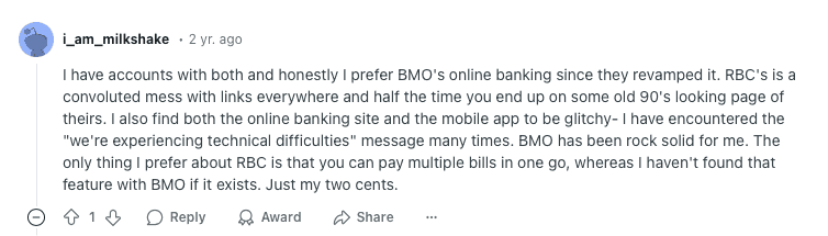 Reddit User Prefers BMO For Online Banking