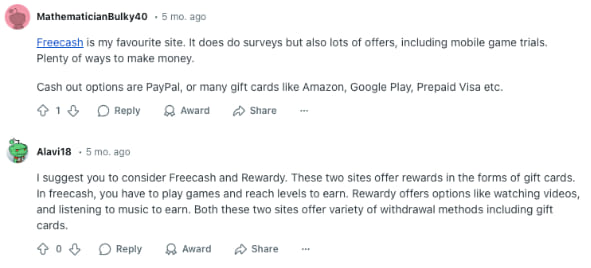 Reddit Users Recommend Freecash and Rewardy