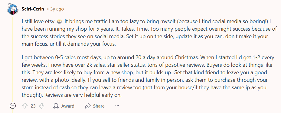Reddit User Recommends Selling With Etsy