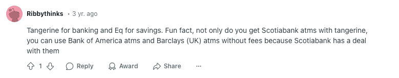 Reddit User Says Use Both EQ And Tangerine For Lots Of ATM Options Worldwide