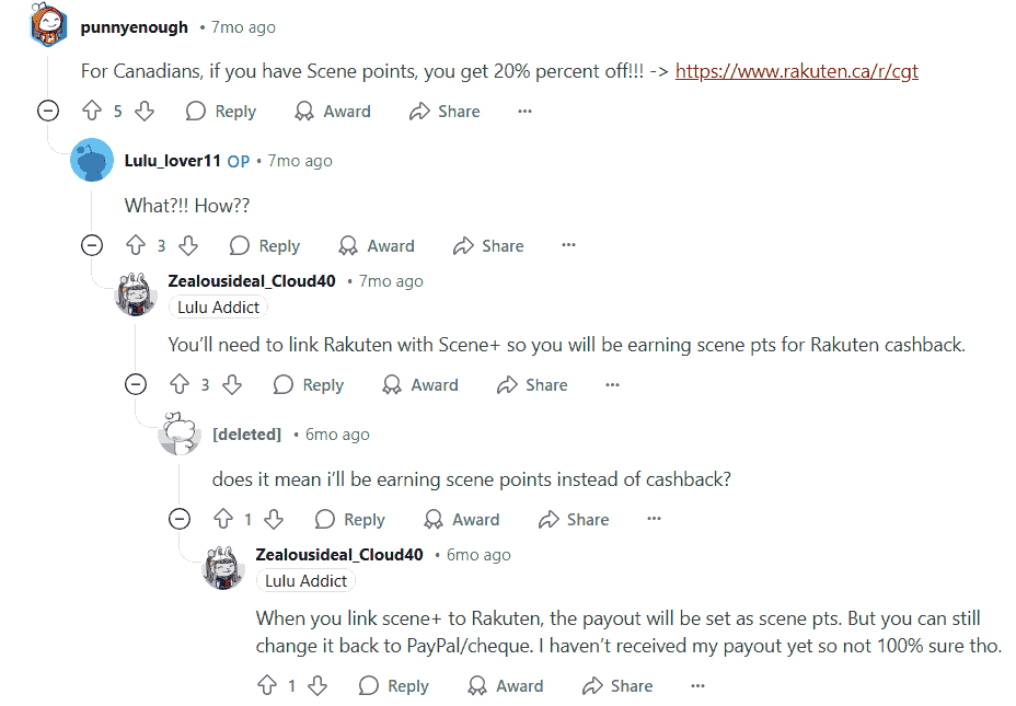 Reddit Users Discuss Earning Scene Points With Rakuten