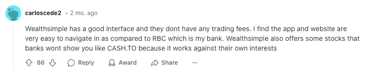 Reddit User Enjoys Wealthsimple App