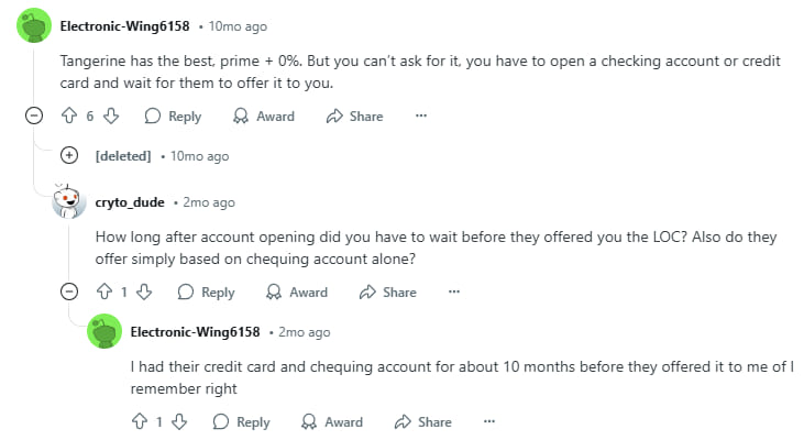 Redditors discuss Tangerine LOCs