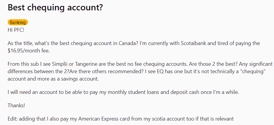 Redditor Asks What Is The Best Chequing Account