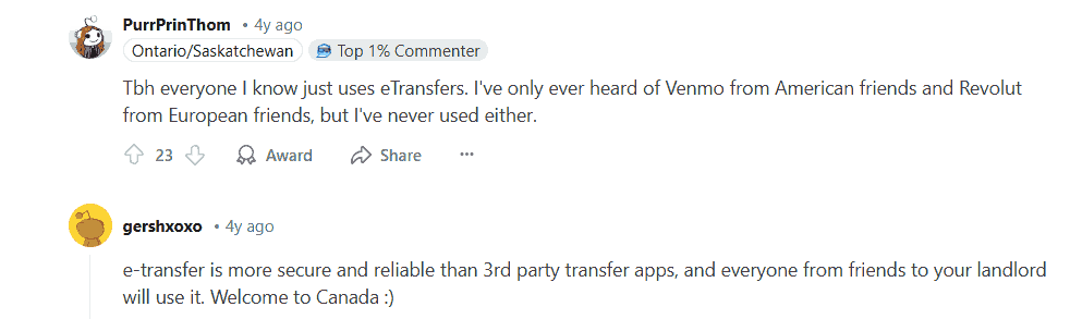 Reddit User Recommends Trying Interac Etransfer Instead Of Venmo