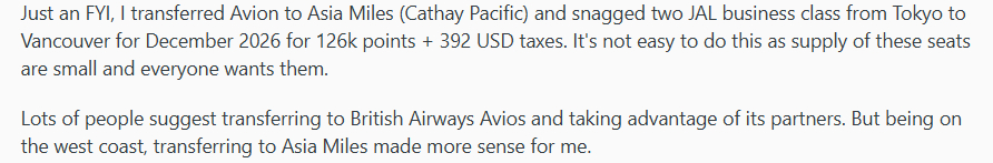 Redditor Recommends Transferring Avion Points To Asia Miles