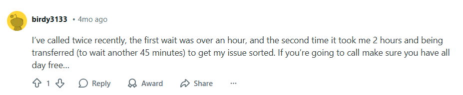 Reddit User Reports Long Wait Times Calling Customer Service