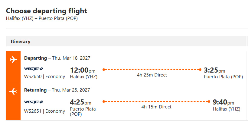 Sunwing flight booking from Halifax to Puerto Plata