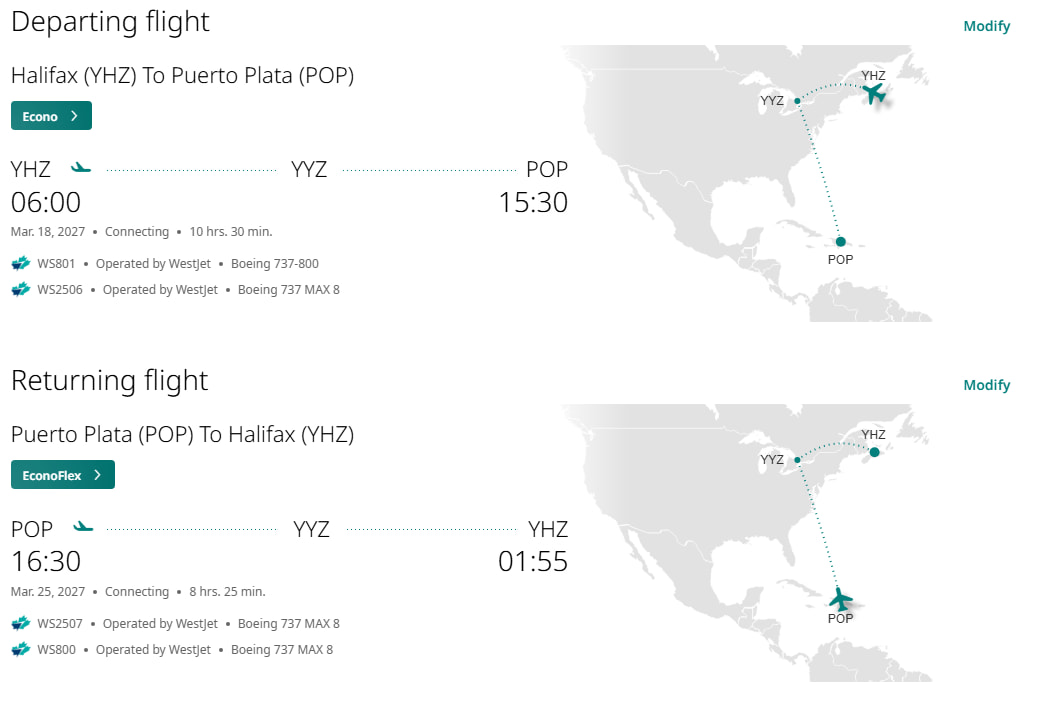 WestJet flight booking from Halifax to Puerto Plata
